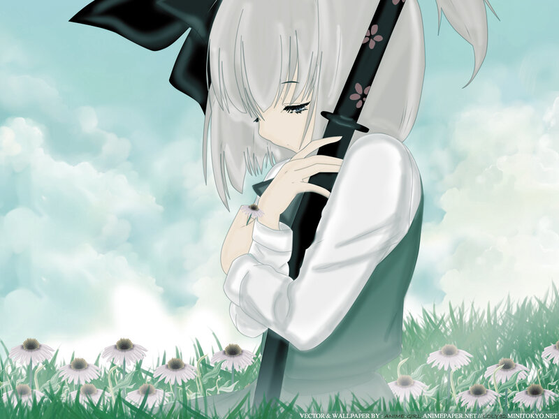 anime girl with sword in field