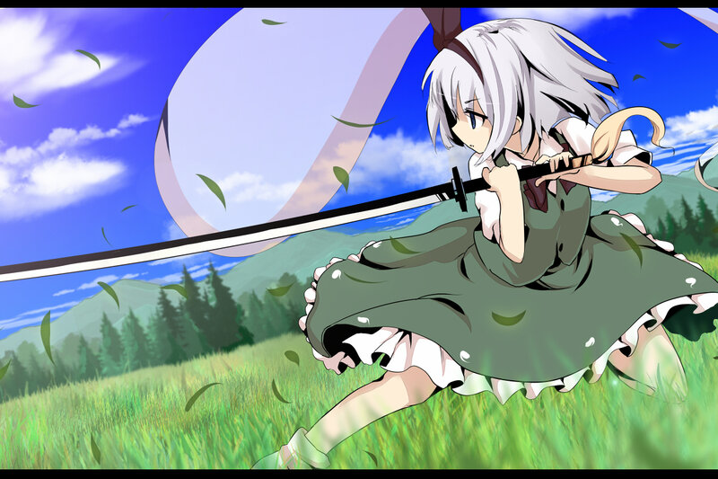 anime girl with sword in field