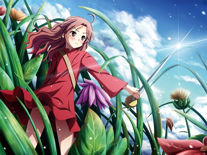 Anime girl with sword in field