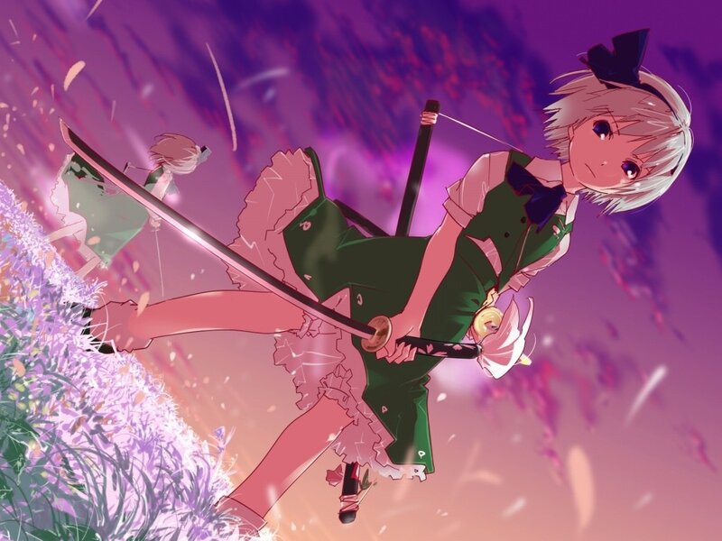 Anime girl with sword in field