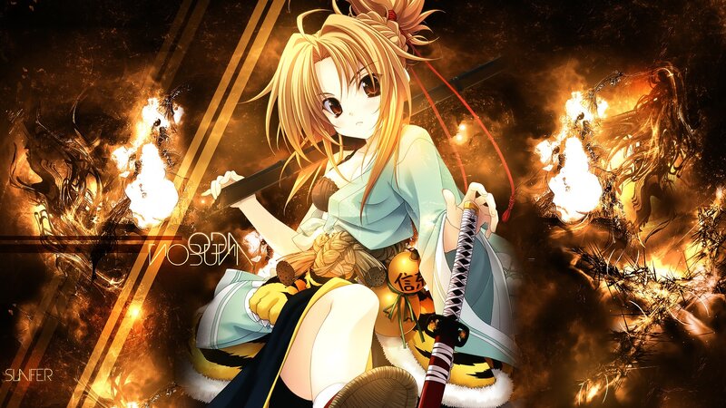 anime girl with sword in fire
