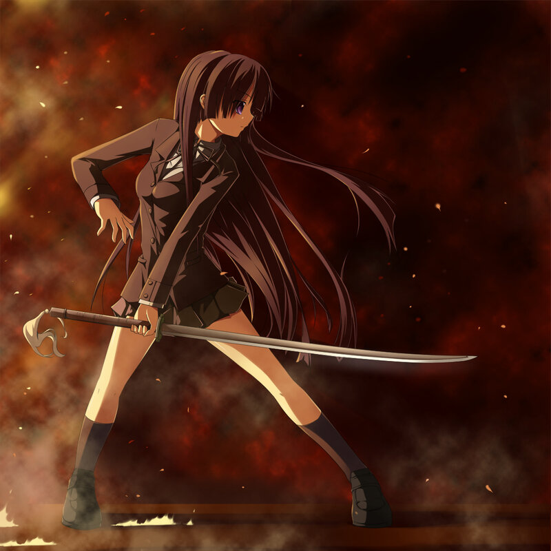anime girl with sword in fire