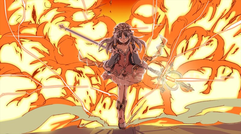 anime girl with sword in fire