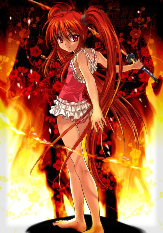 anime girl with sword in fire