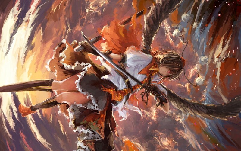 anime girl with sword in fire
