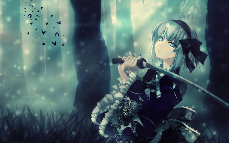 anime girl with sword in forest