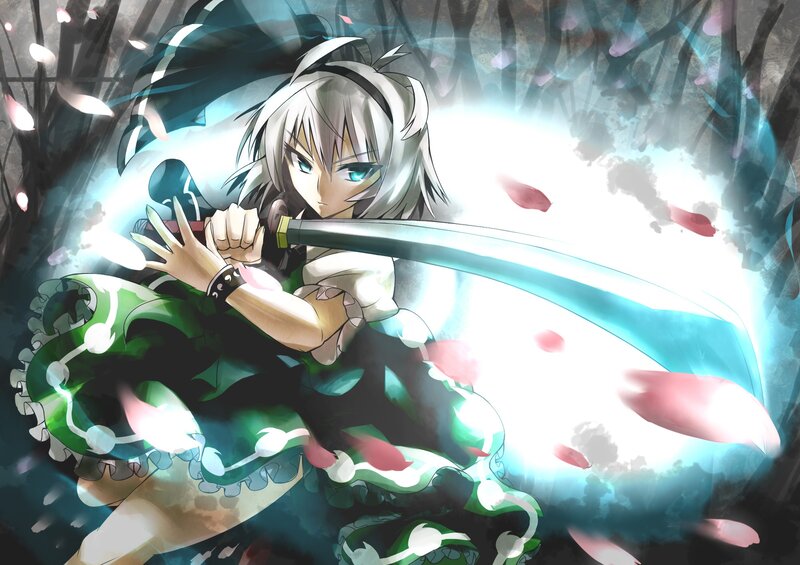 anime girl with sword in forest