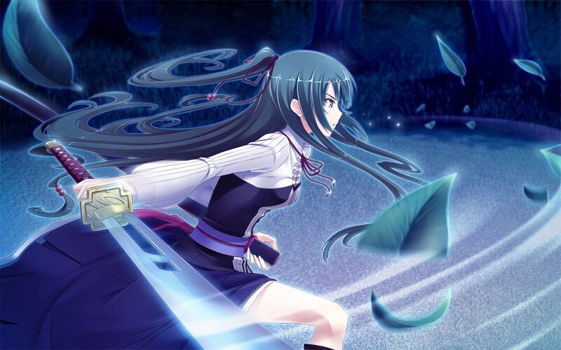 anime girl with sword in forest