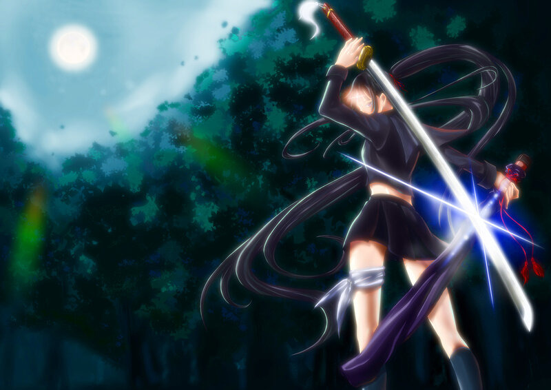 anime girl with sword in forest