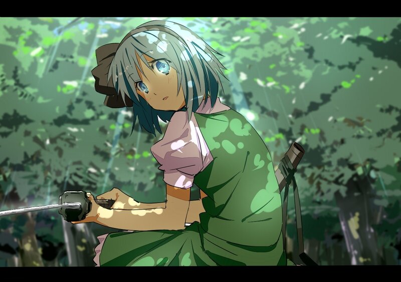 anime girl with sword in forest