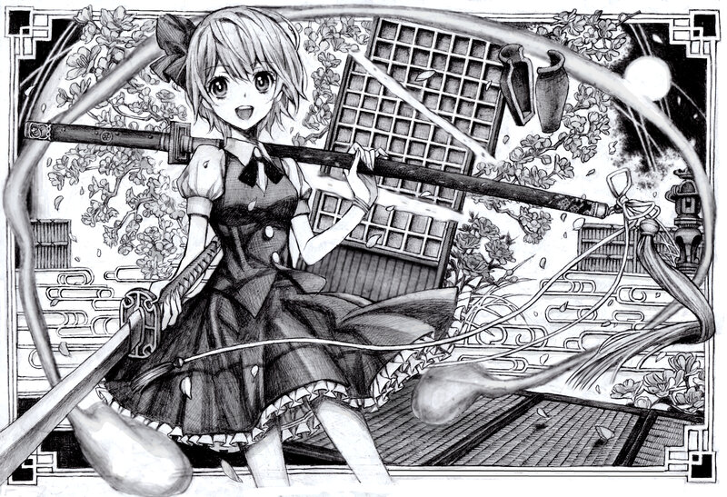 Anime girl with sword in garden