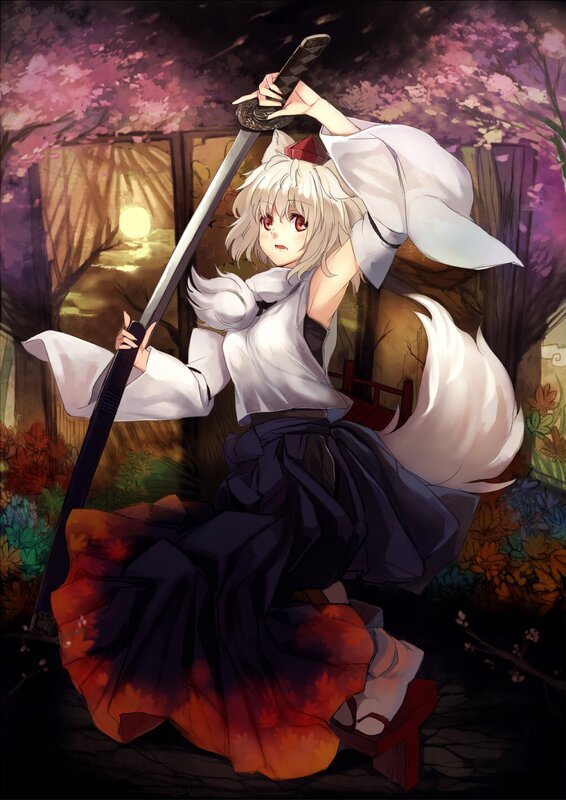 Anime girl with sword in garden