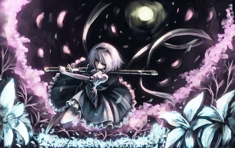 anime girl with sword in garden