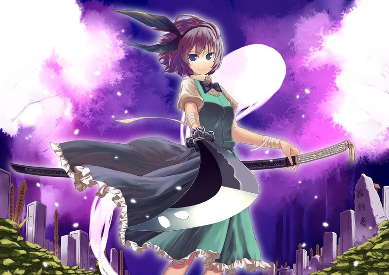 Anime girl with sword in graveyard