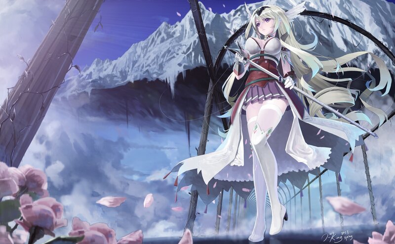 anime girl with sword in mountains