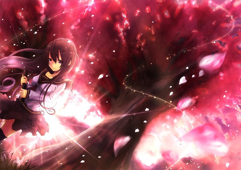 anime girl with sword in pink light