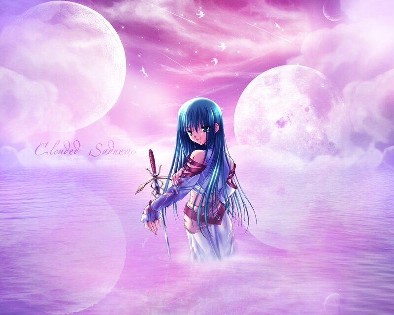 Anime girl with sword in purple sky
