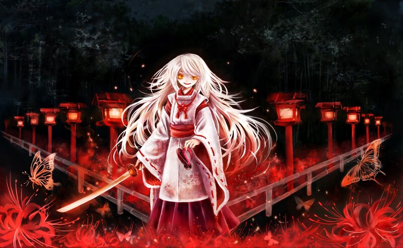 Anime girl with sword in red forest