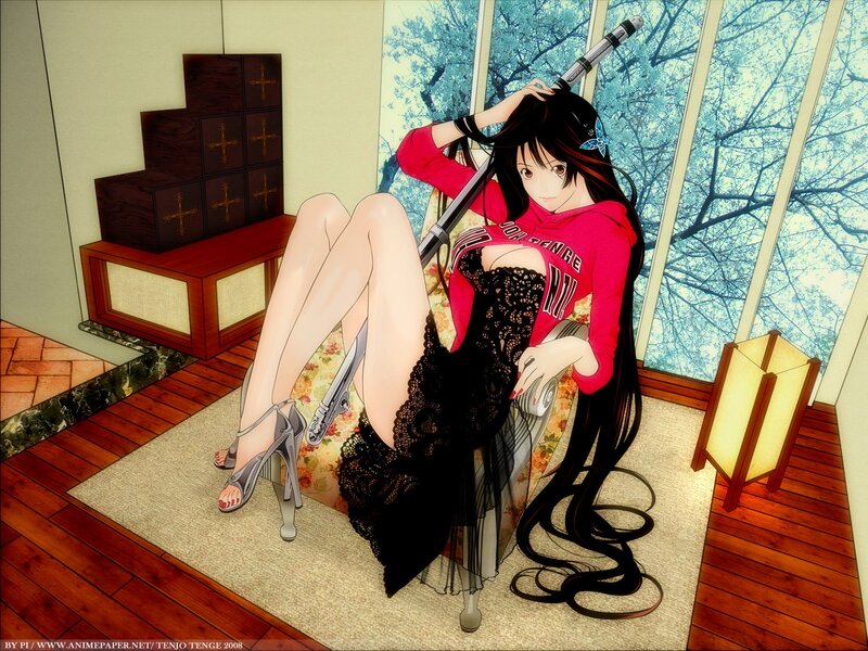Anime girl with sword in room