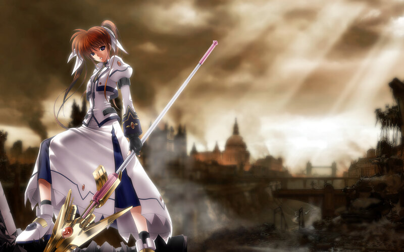 anime girl with sword in ruins