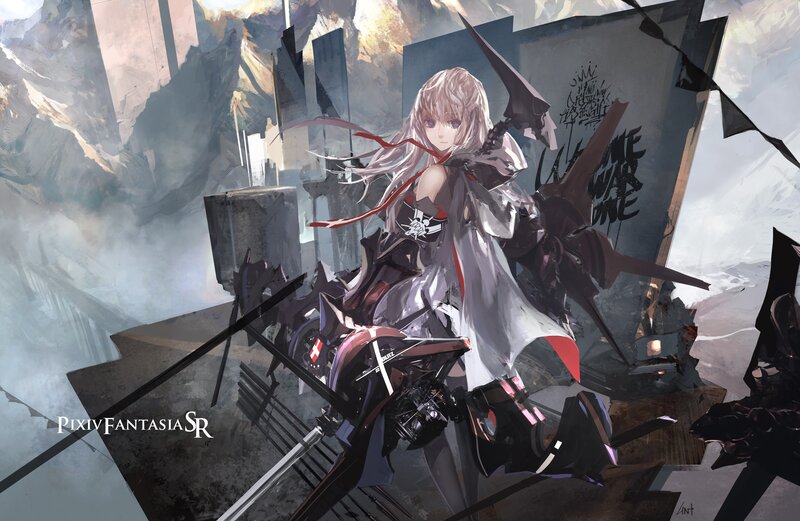 anime girl with sword in ruins