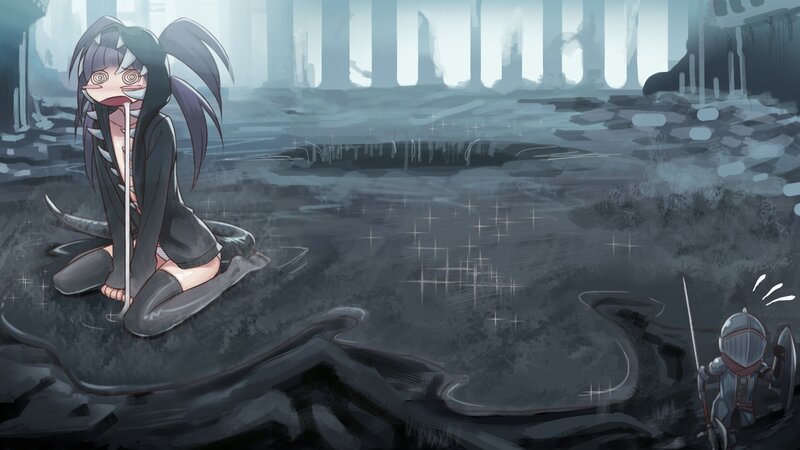 Anime girl with sword in ruins