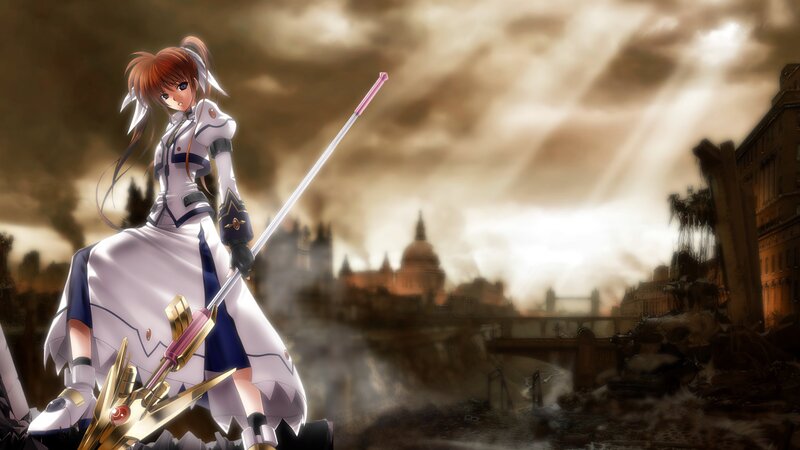anime girl with sword in ruins