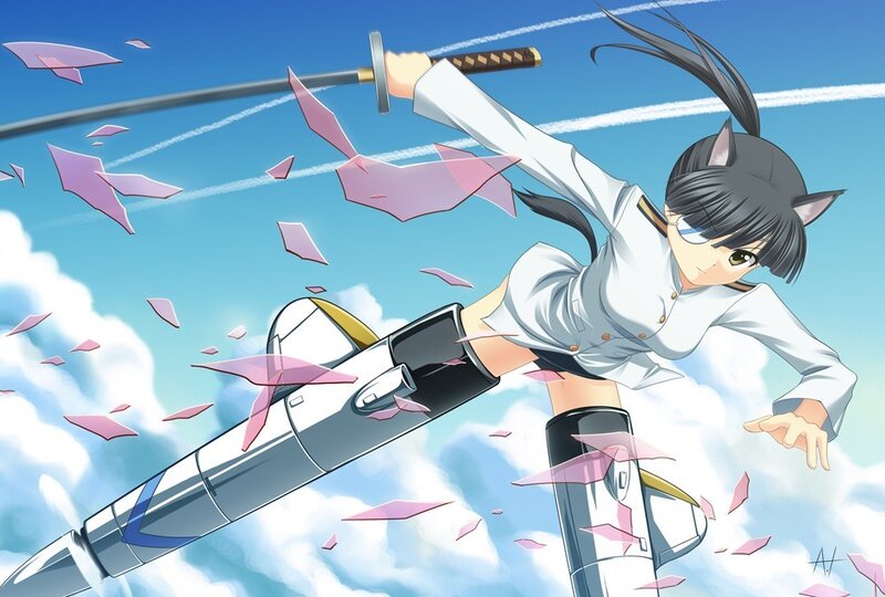 anime girl with sword in sky