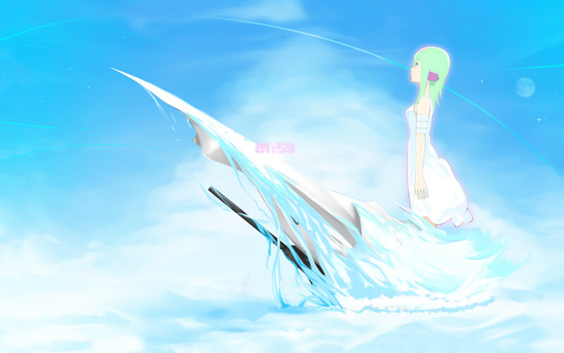 anime girl with sword in sky