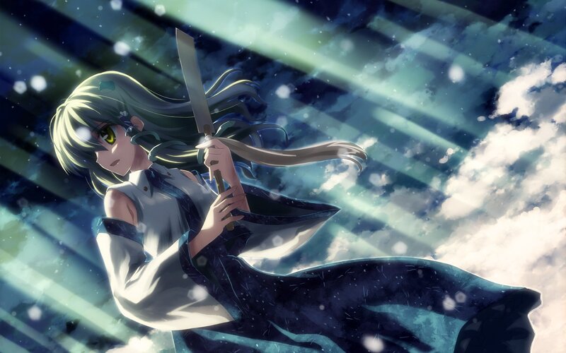 anime girl with sword in sky