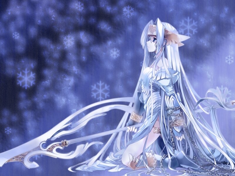 Anime girl with sword in snow