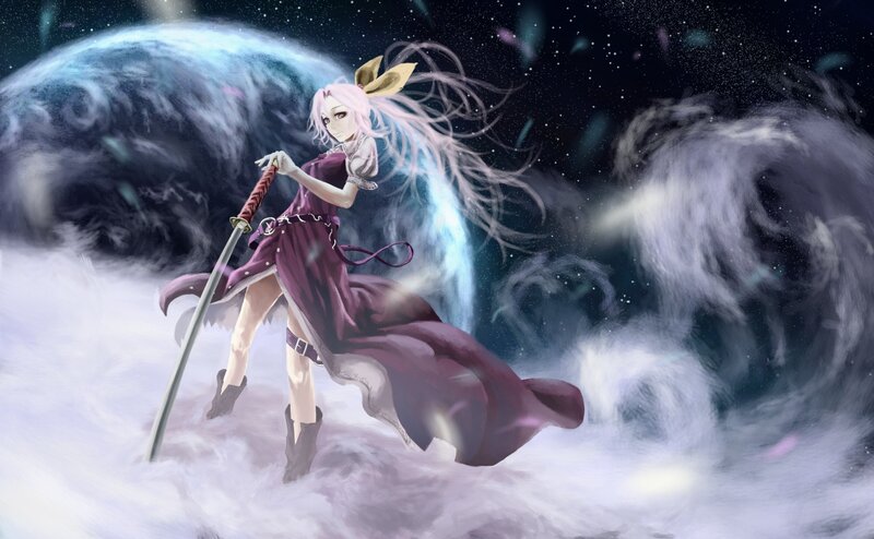 anime girl with sword in space
