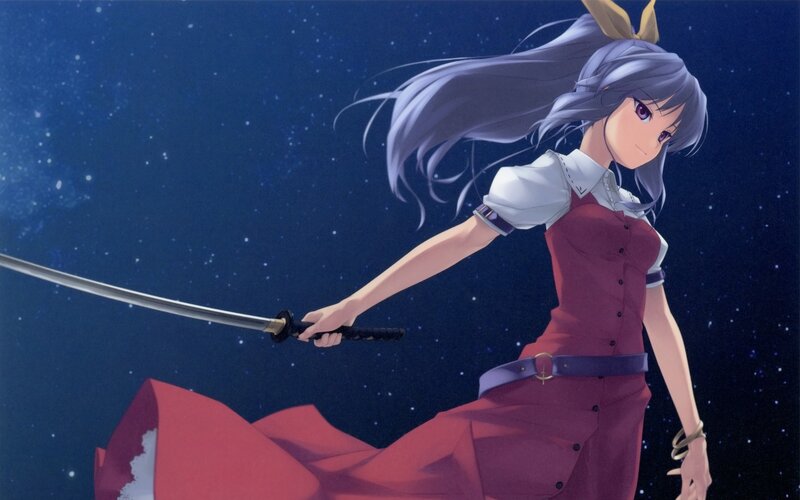 Anime girl with sword in starry sky