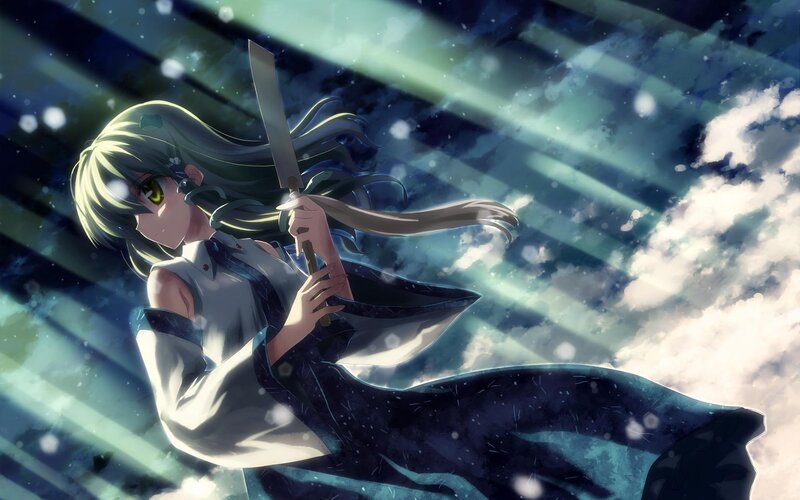 anime girl with sword in storm