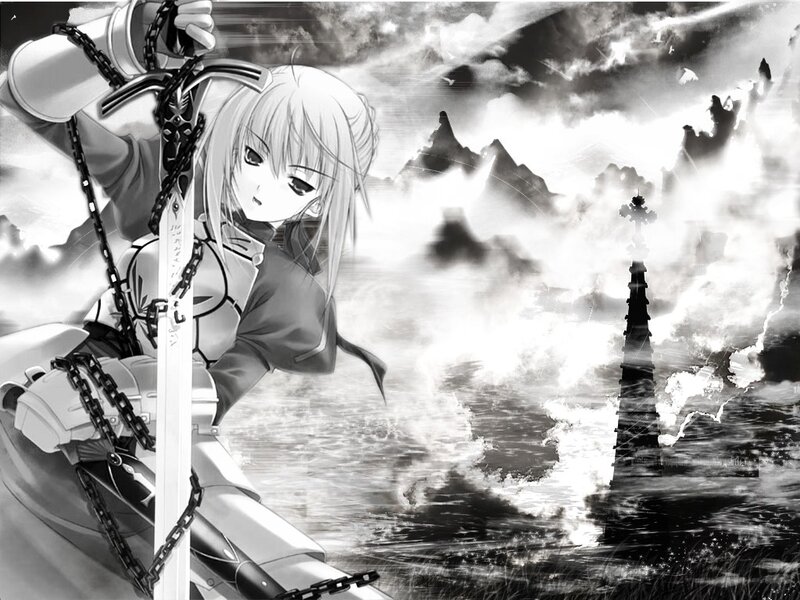 anime girl with sword in storm