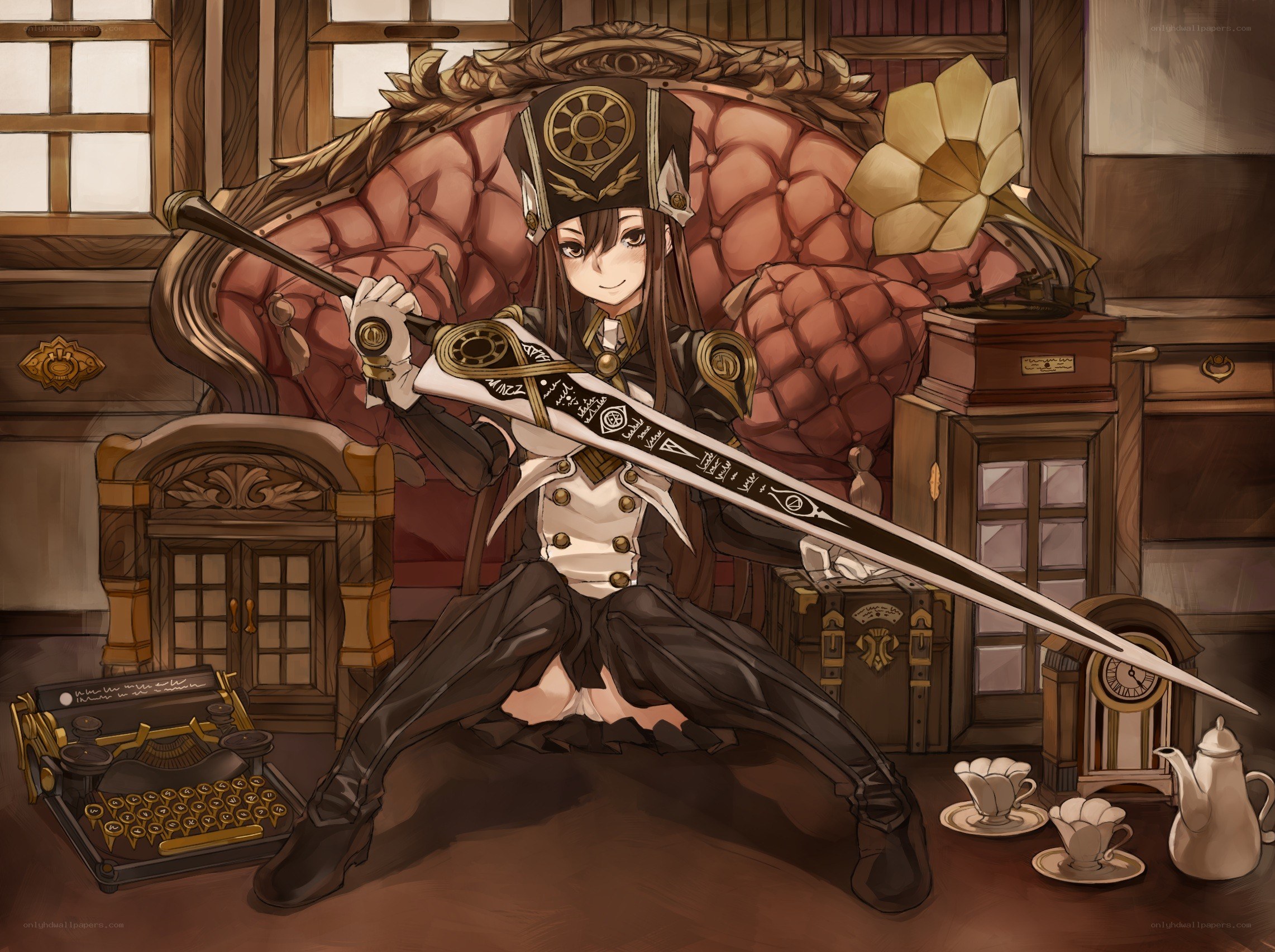anime girl with sword in study