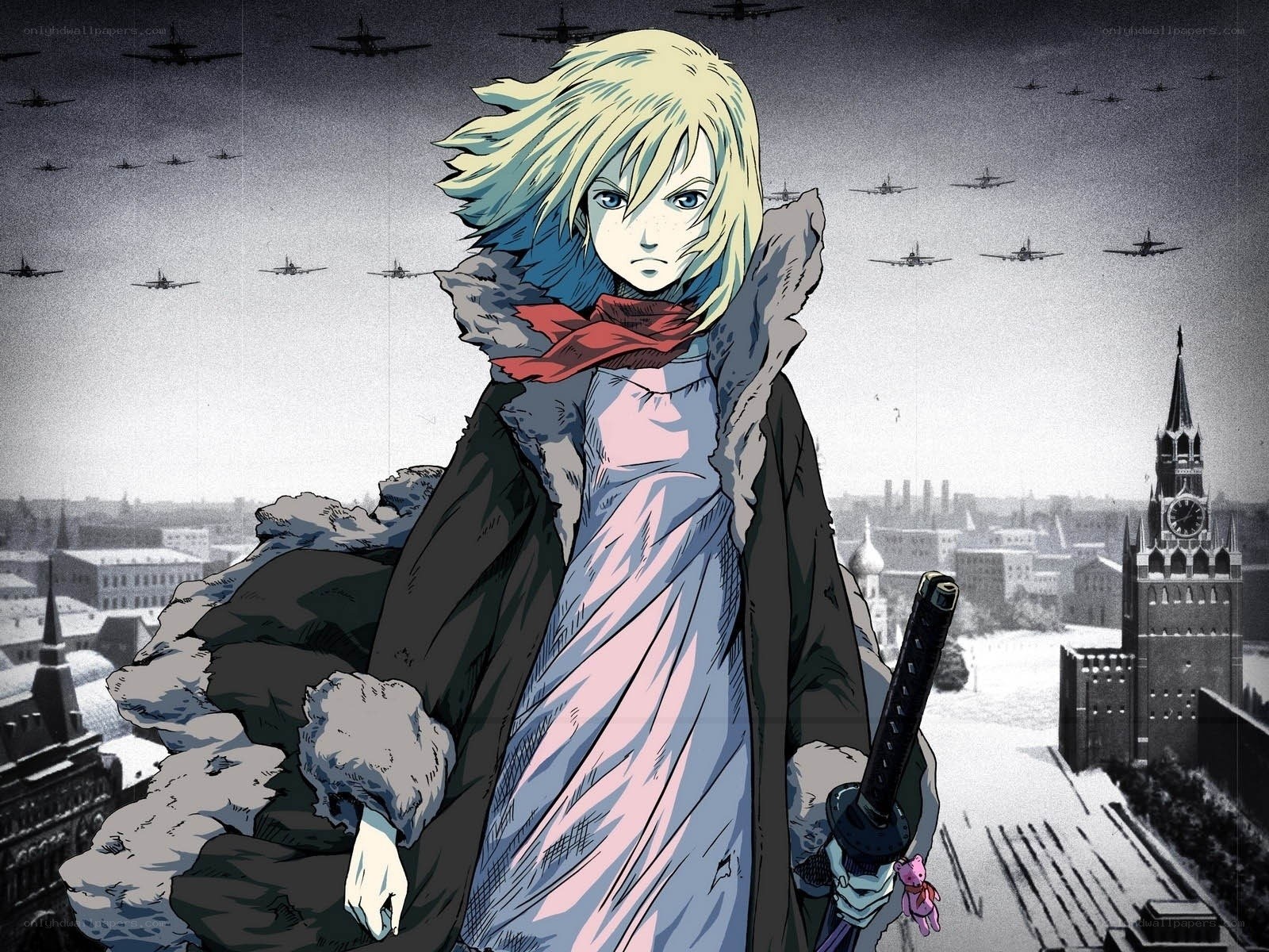 anime girl with sword in war