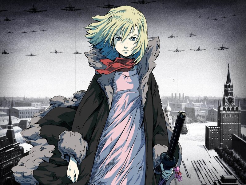 Anime girl with sword in war