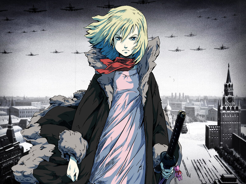 Anime girl with sword in war-torn city