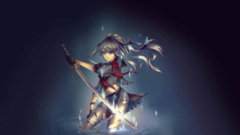 anime girl with sword in water