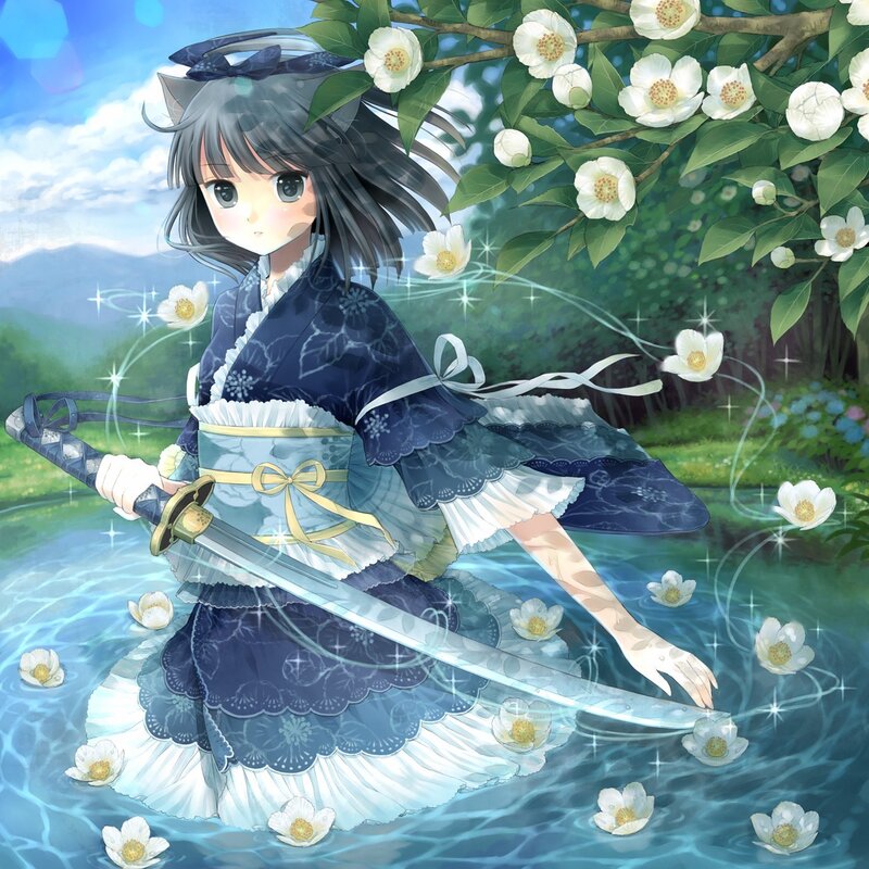 Anime girl with sword in water