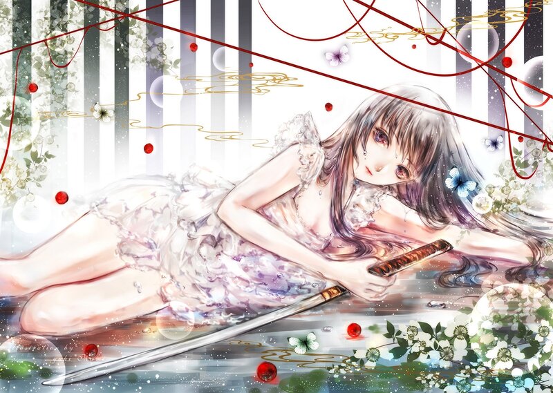 Anime girl with sword in water