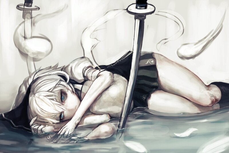 Anime girl with sword in water