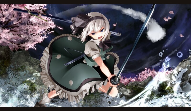 anime girl with sword in waterfall