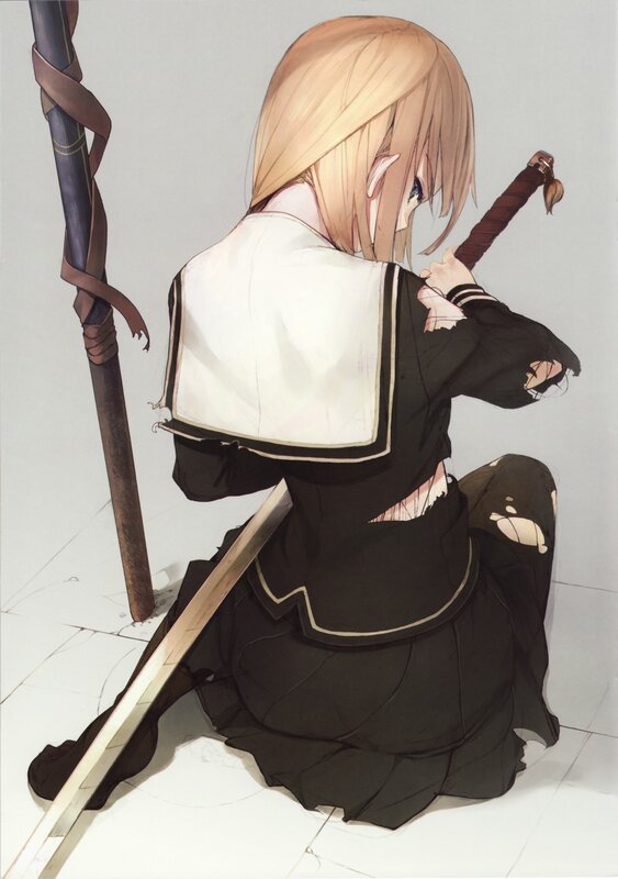 anime girl with sword kneeling