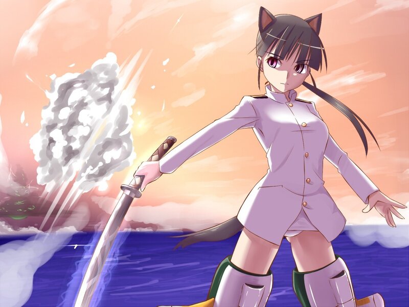 anime girl with sword on beach