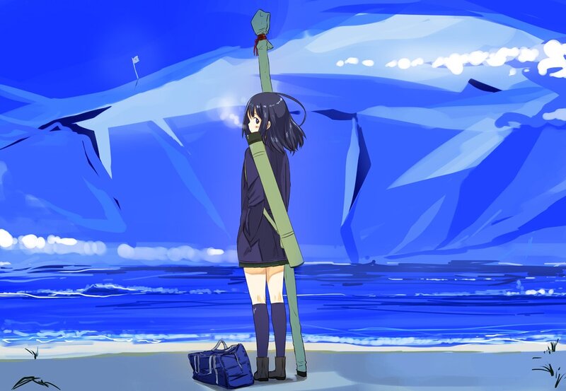 anime girl with sword on beach