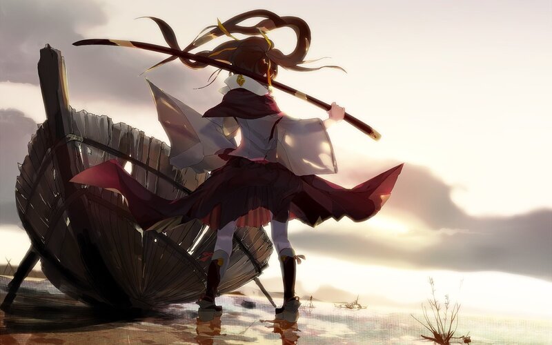 anime girl with sword on beach
