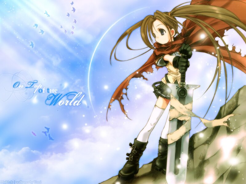 Anime girl with sword on cliff