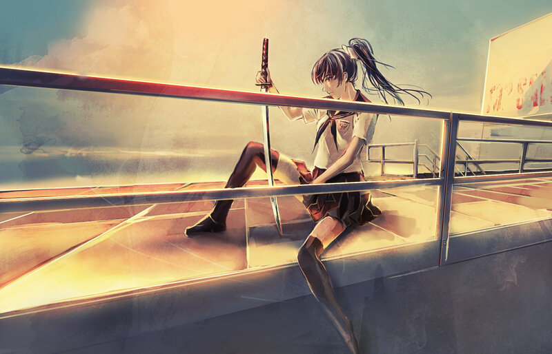 Anime girl with sword on deck